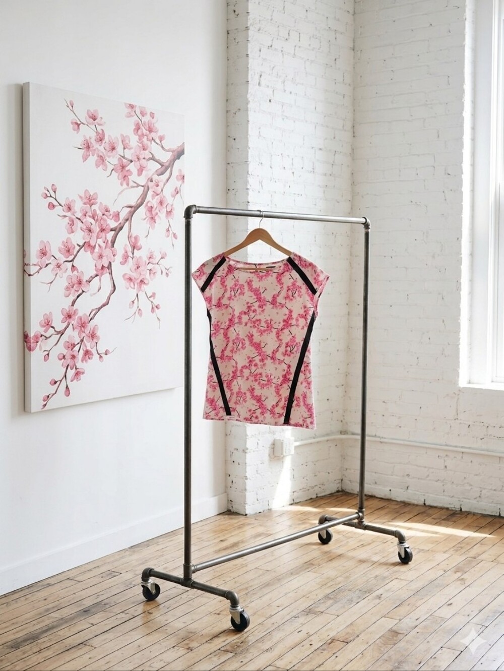 Banana Republic Pink Floral Cap-Sleeve Top with Black Trim